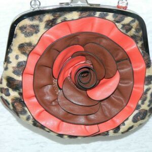 Lavive Purse‎ Brown Red Animal Print with 3D Flower